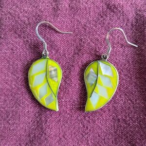 Leaf-Shaped Silver Earrings Green Glass and Shell Inlay